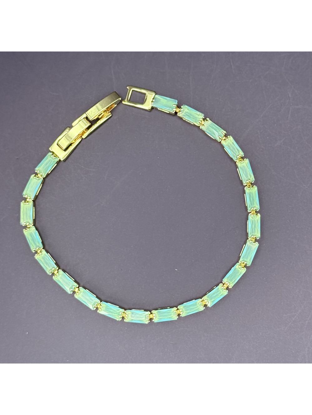 candy+clover milky light green baguette tennis gold tone bracelet